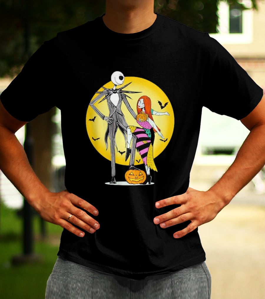 Jack And Sally Halloween Pumpkin Scene With Bats In The Nightmare Before Rumours T-Shirt