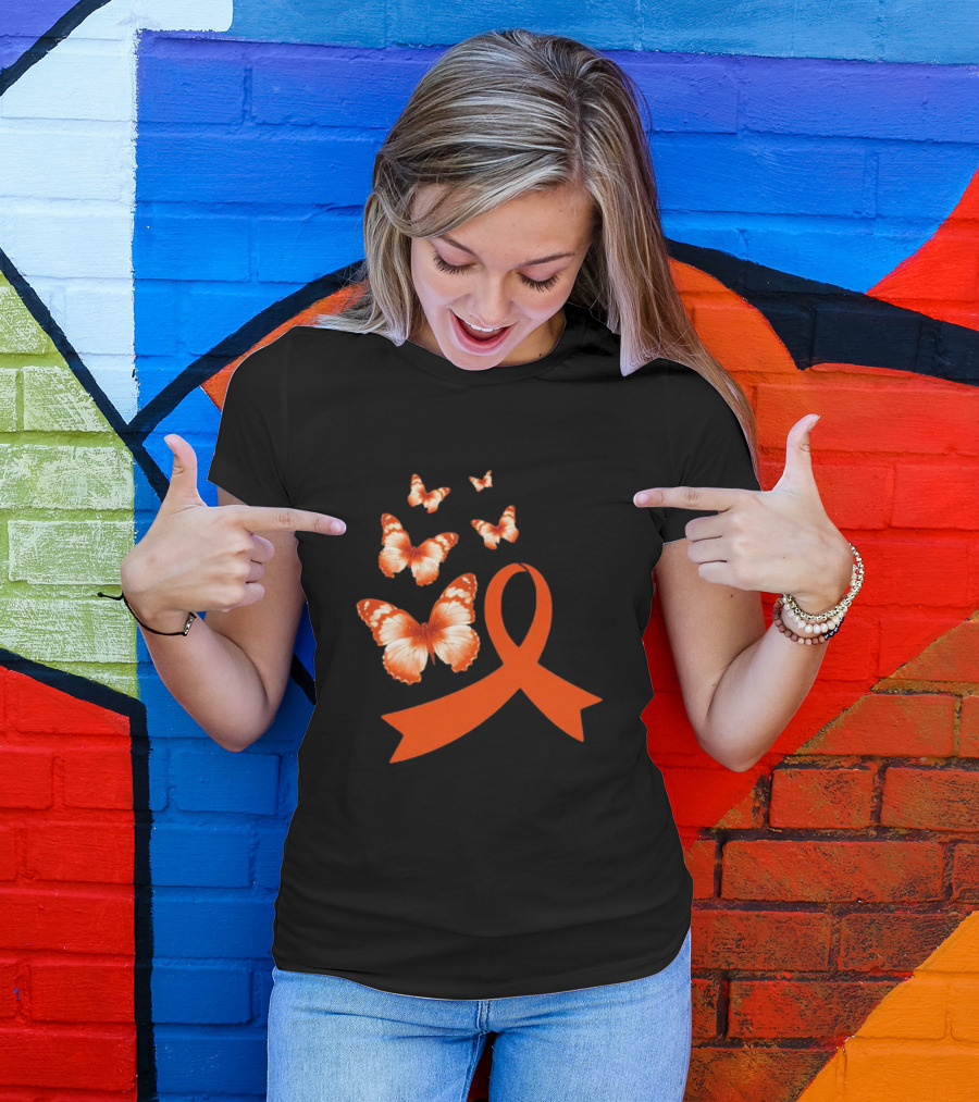 Orange Awareness Ribbon With Butterflies World Hunger Day Symbolization T-Shirt