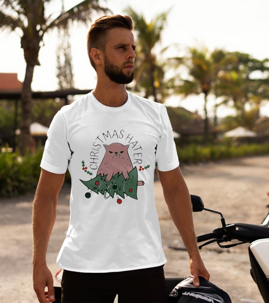Christmas Hater Angry Cat With Broken Tree And Holly Decorations T-Shirt