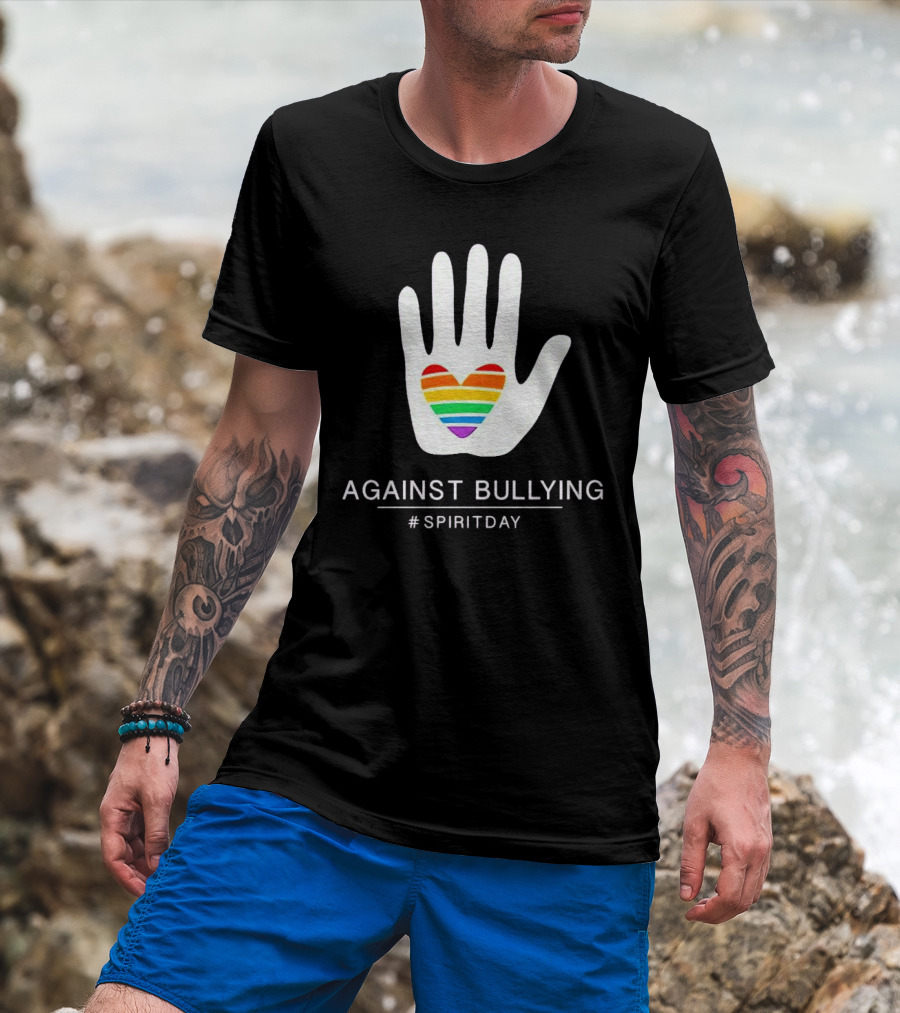 Against Bullying Rainbow Heart Hand Spirit Day T-Shirt