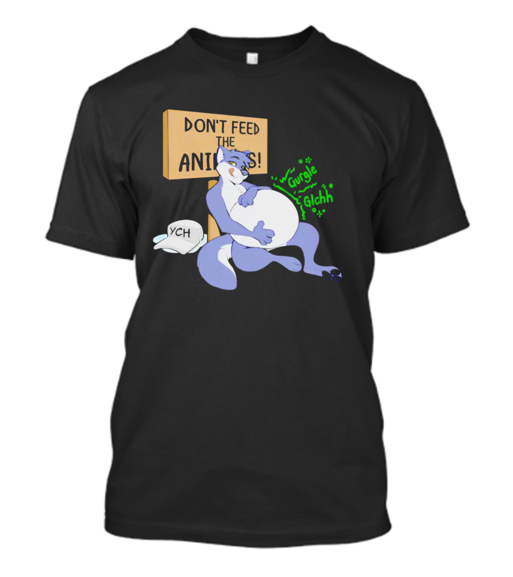 Don't Feed The Animals Gurgle Glchh YCH Sign With Full-Bellied Purple Cartoon Character T-Shirt