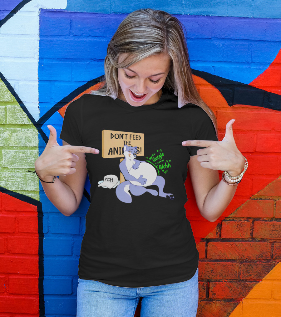 Don't Feed The Animals Gurgle Glchh YCH Sign With Full-Bellied Purple Cartoon Character T-Shirt