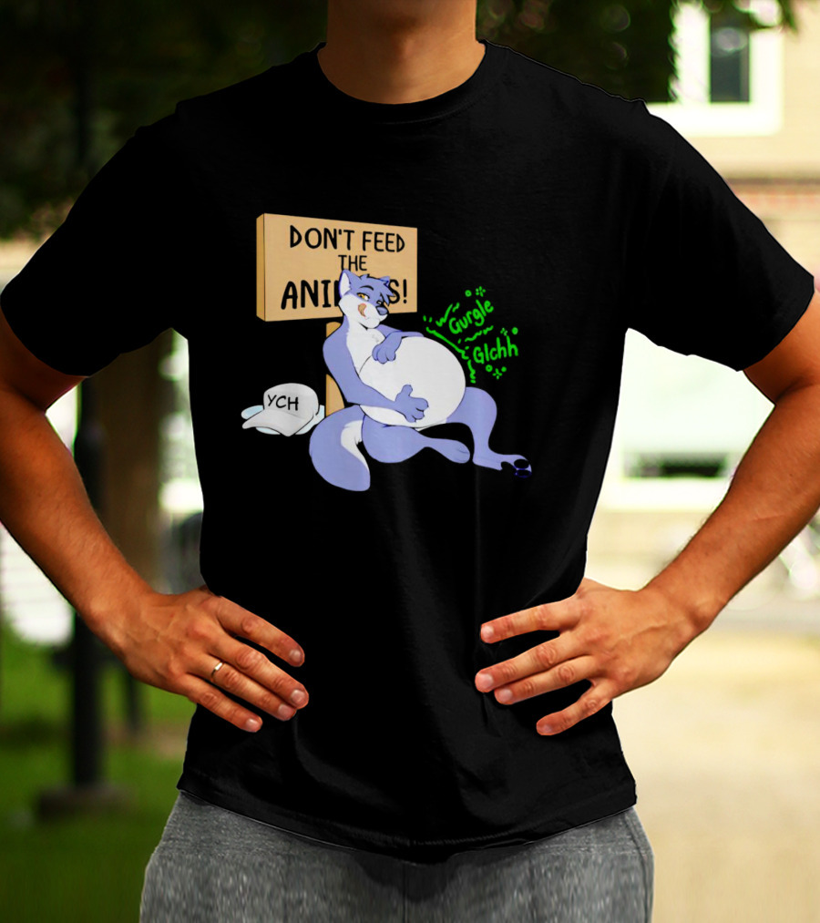 Don't Feed The Animals Gurgle Glchh YCH Sign With Full-Bellied Purple Cartoon Character T-Shirt