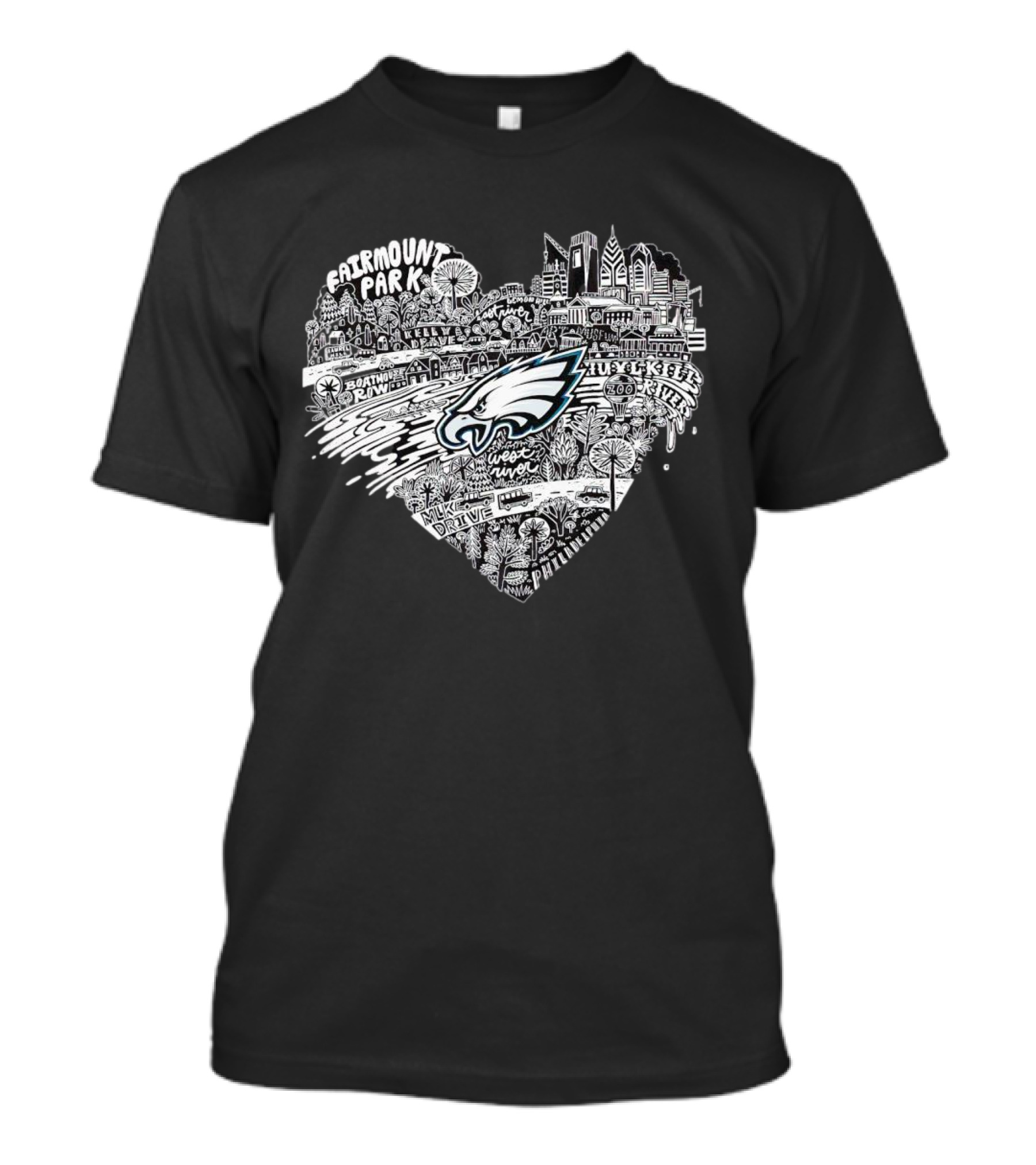 Fairmount Park Philadelphia Eagles Love Heart City Skyline West River Kelly Drive Zuzka Kols Park T-Shirt