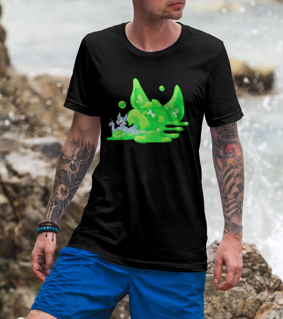 Gelatinous Dog Cartoon Slime With Playful Grey Pup And Green Ooze T-Shirt