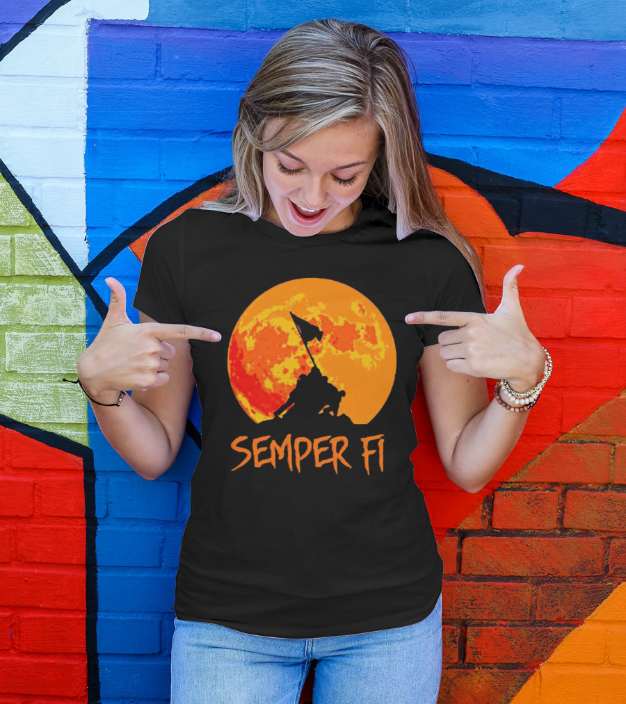 Semper Fi Halloween Full Moon Flag Raising T-Shirt