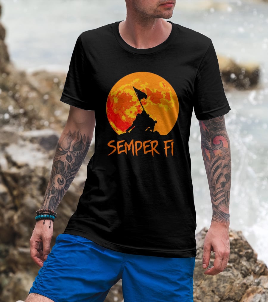 Semper Fi Halloween Full Moon Flag Raising T-Shirt