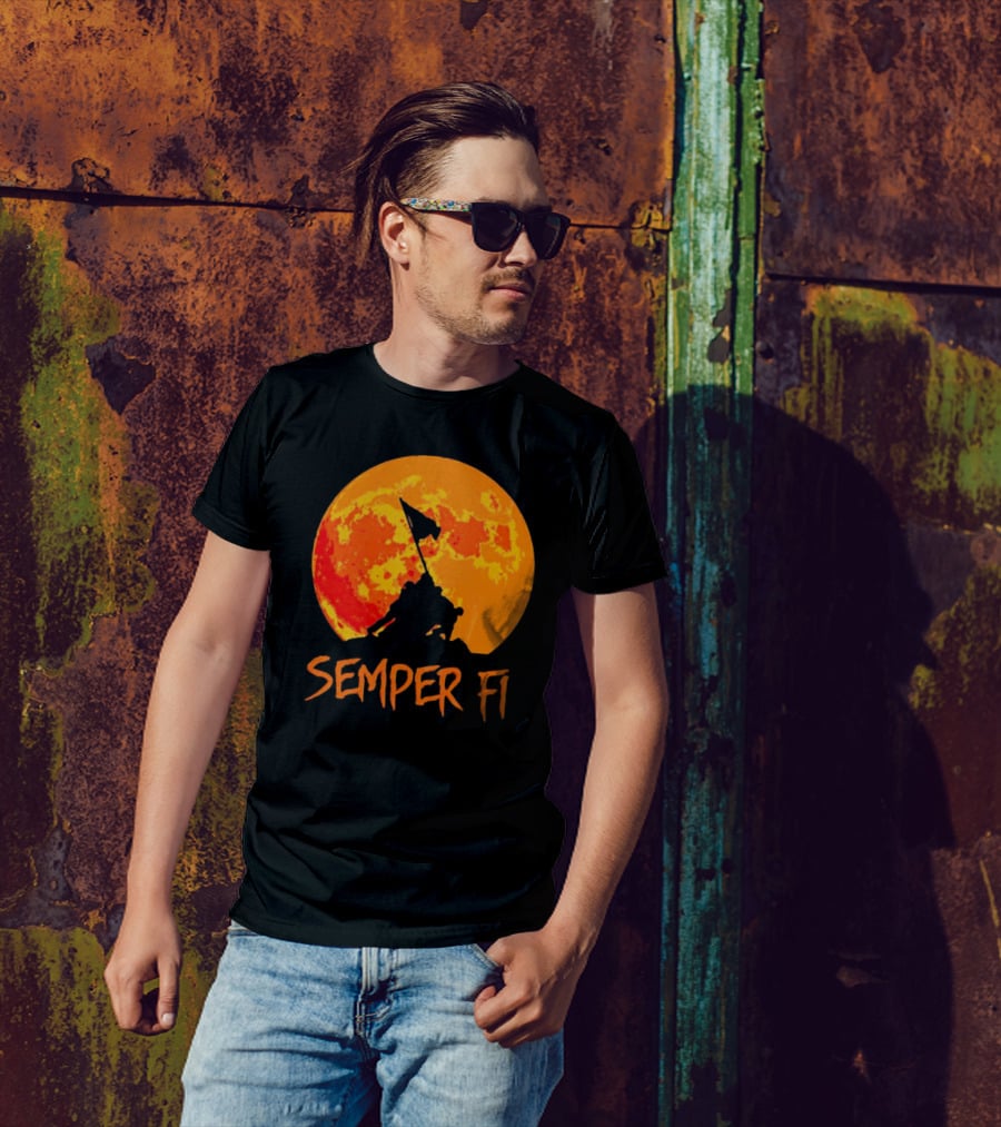 Semper Fi Halloween Full Moon Flag Raising T-Shirt