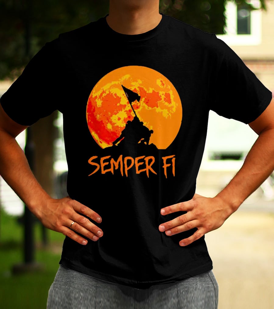 Semper Fi Halloween Full Moon Flag Raising T-Shirt