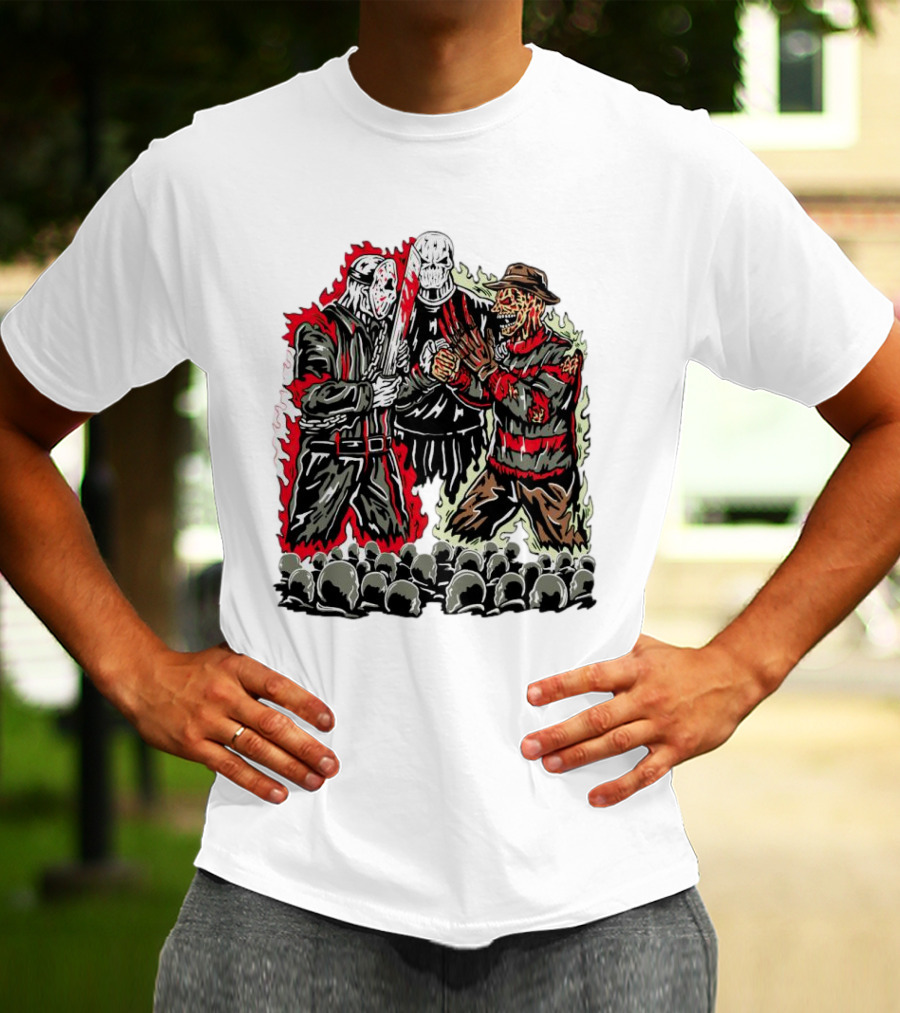 Horror Movies Violent Faceoff Battle Trio In Crowded Arena T-Shirt