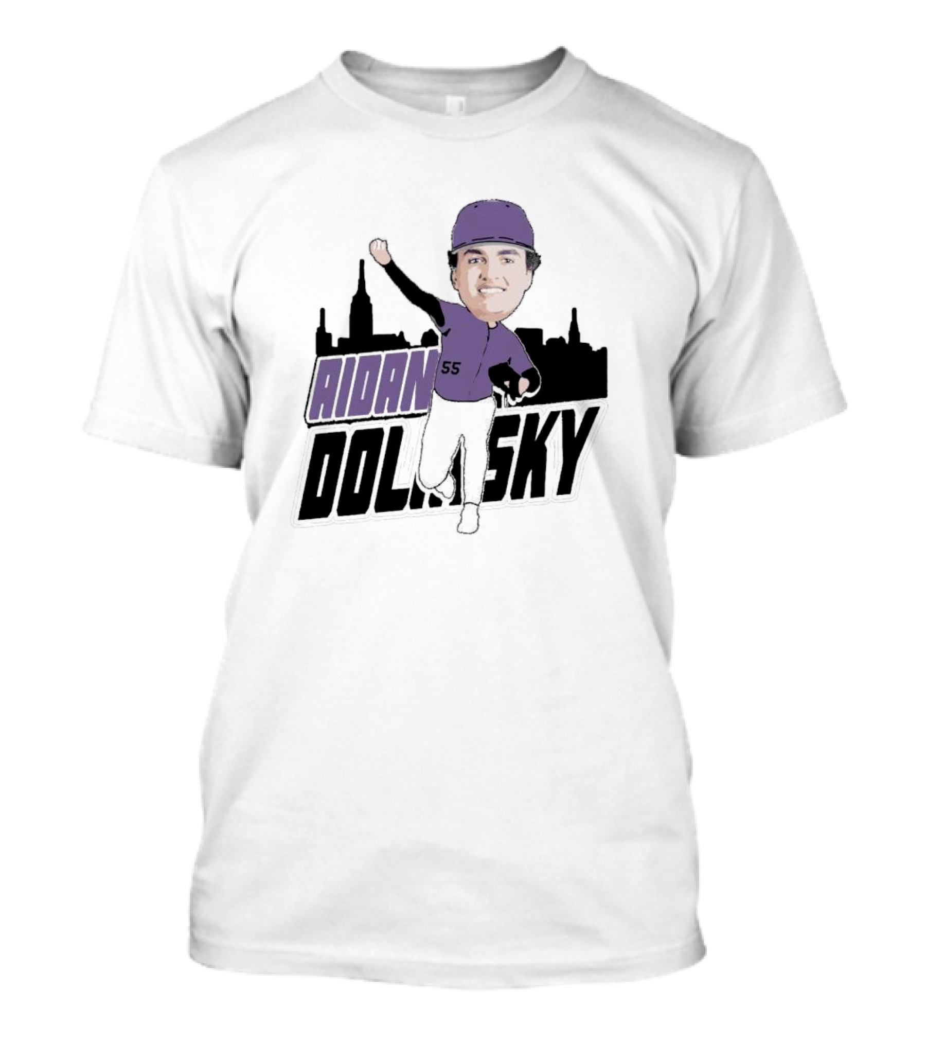 Aidan Dolinsky 55 Purple Baseball Caricature With City Skyline T-Shirt