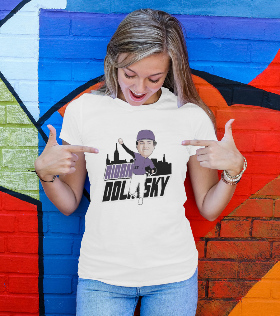 Aidan Dolinsky 55 Purple Baseball Caricature With City Skyline T-Shirt