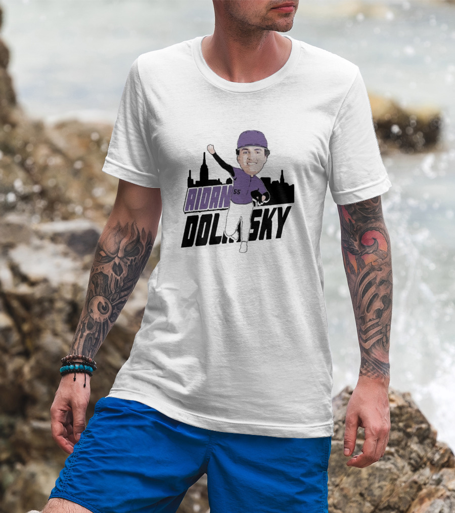 Aidan Dolinsky 55 Purple Baseball Caricature With City Skyline T-Shirt