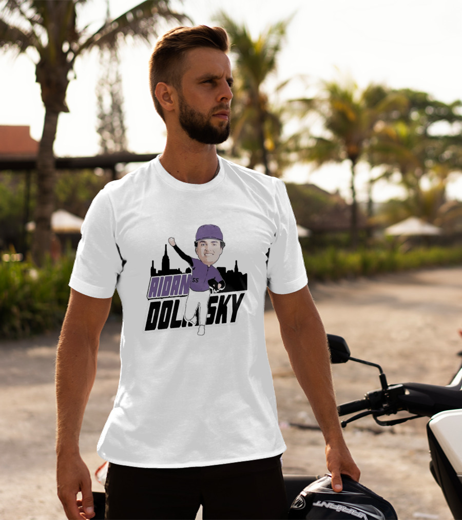 Aidan Dolinsky 55 Purple Baseball Caricature With City Skyline T-Shirt