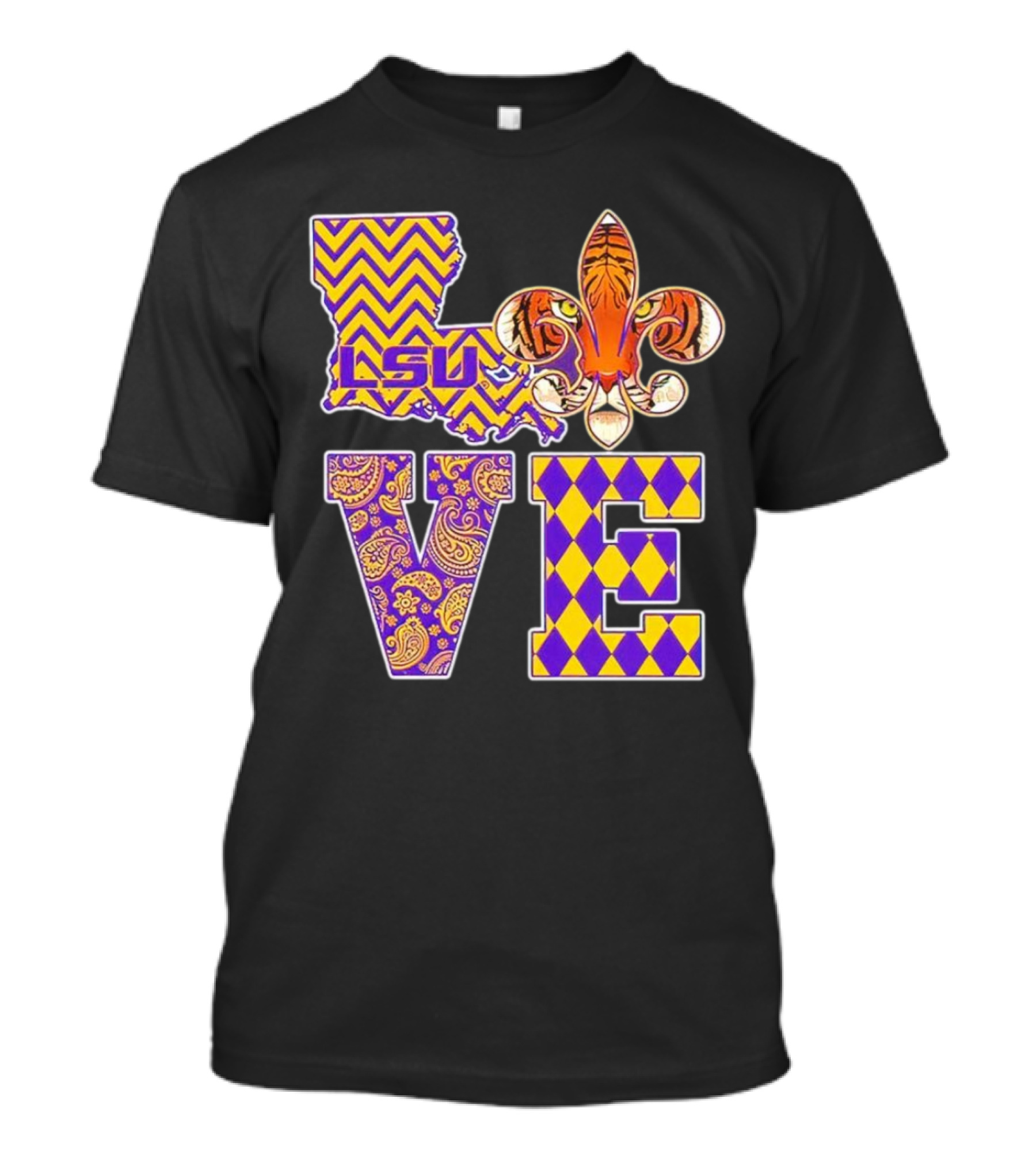 LSU Tigers Love Fleur De Lis Louisiana Purple Gold Chevron Paisley Harlequin T-Shirt