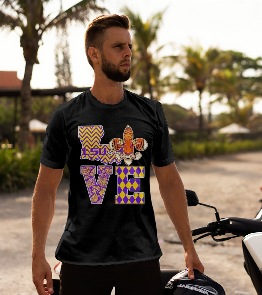 LSU Tigers Love Fleur De Lis Louisiana Purple Gold Chevron Paisley Harlequin T-Shirt