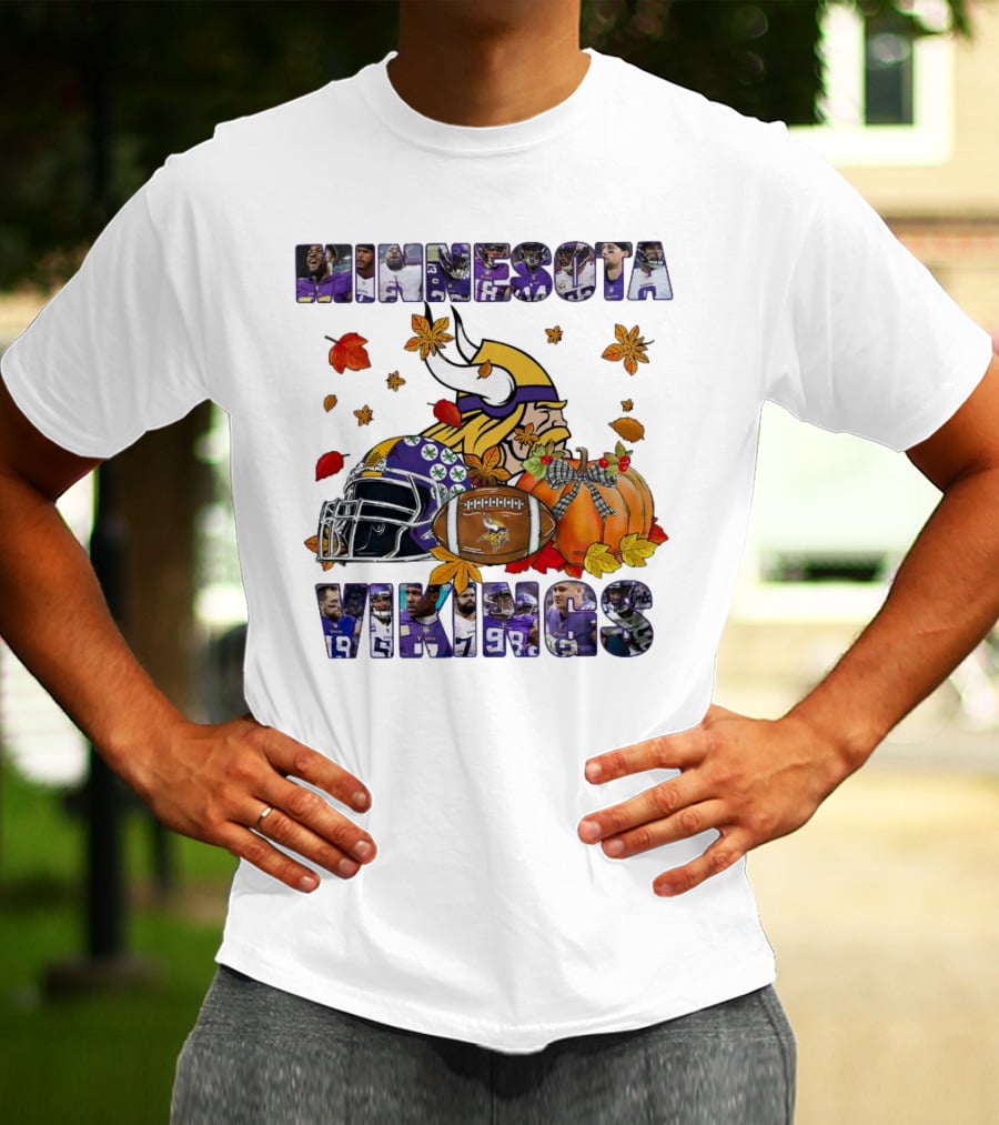 Minnesota Vikings Football Fall Leaves Helmet Pumpkin T-Shirt