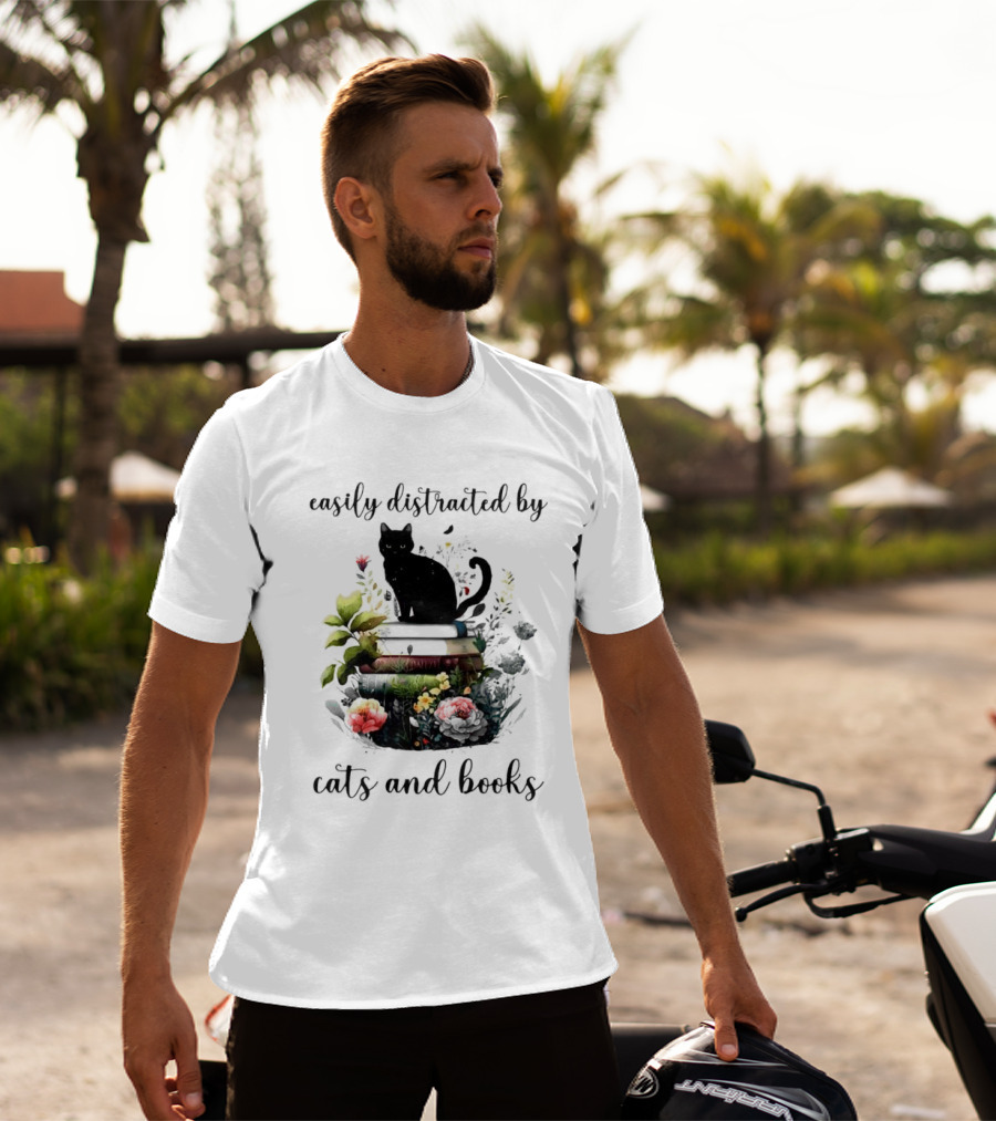 Easily Distracted By Cats And Books Black Cat On Stacked Books With Flowers T-Shirt