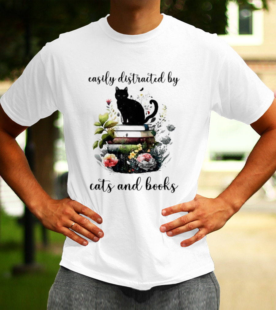 Easily Distracted By Cats And Books Black Cat On Stacked Books With Flowers T-Shirt