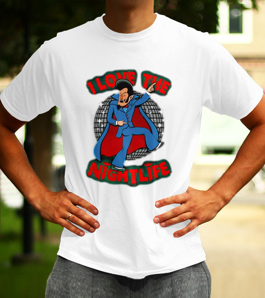 I Love The Nightlife Dracula Disco Dancing With Cape And Disco Ball T-Shirt