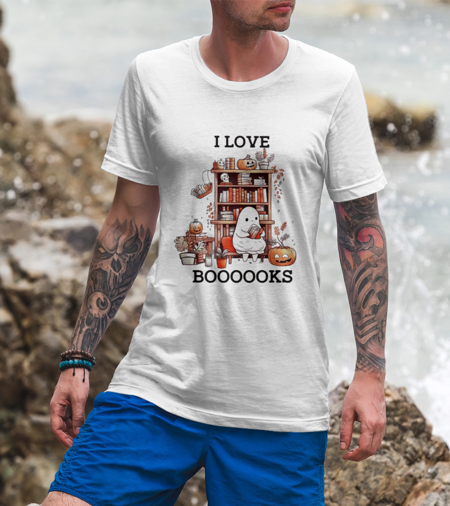 I Love Boooooks Ghost Reading With Pumpkins And Bookshelf Halloween T-Shirt