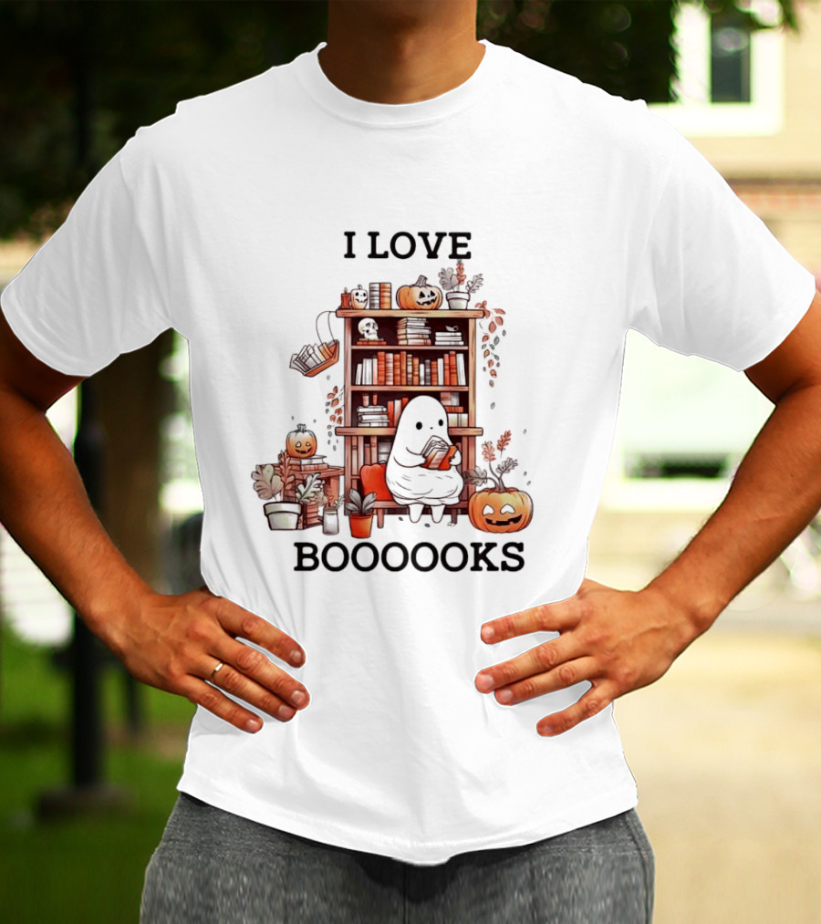 I Love Boooooks Ghost Reading With Pumpkins And Bookshelf Halloween T-Shirt
