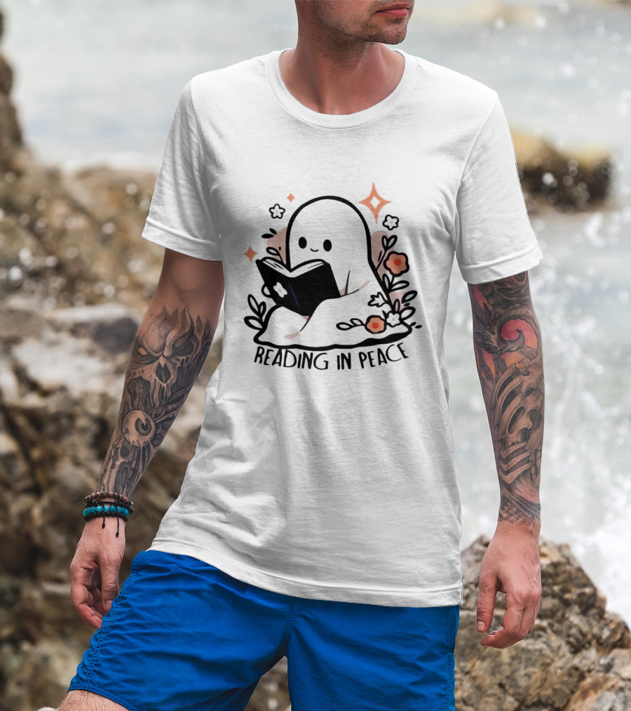 Reading In Peace Halloween Ghost Surrounded By Flowers T-Shirt