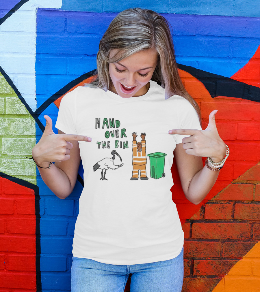 Hand Over The Bin Garbage Collector And Bird Cartoon Scene T-Shirt