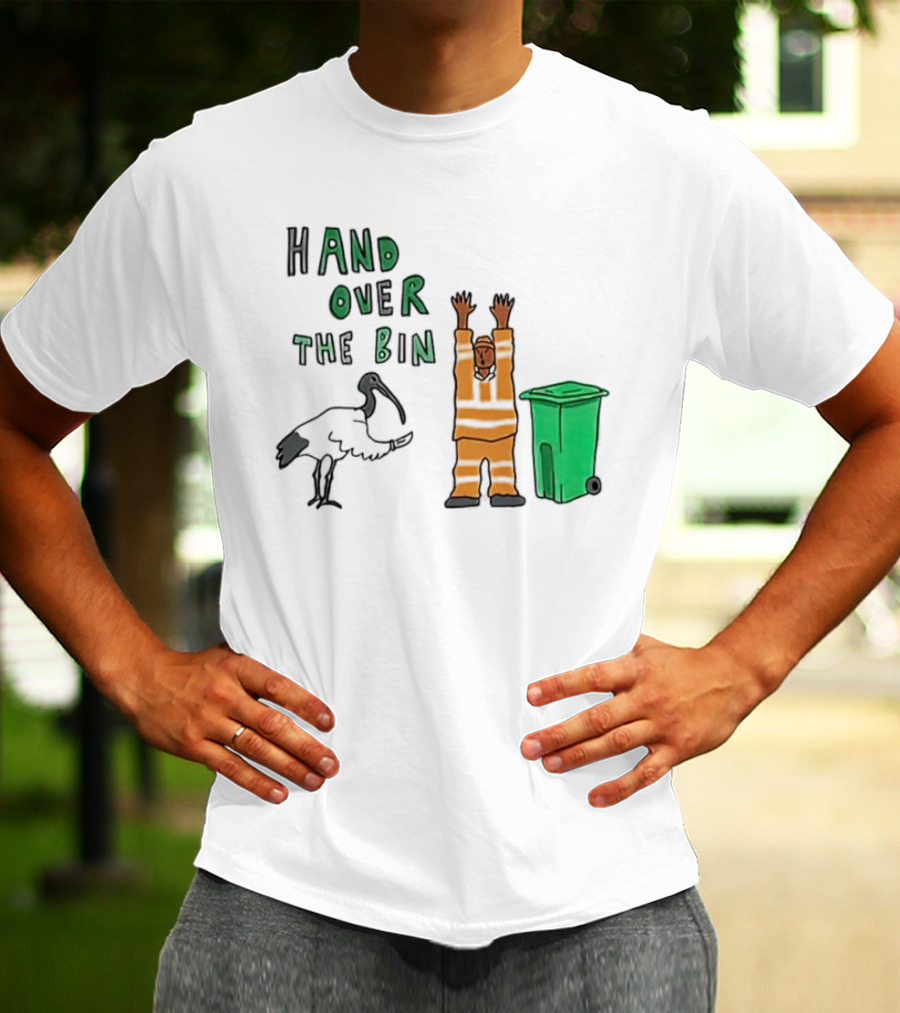 Hand Over The Bin Garbage Collector And Bird Cartoon Scene T-Shirt