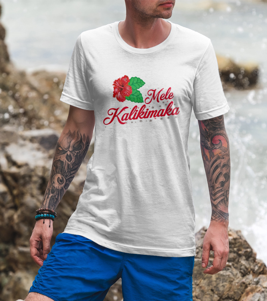 Mele Kalikimaka Red Hibiscus Flower With Green Leaves T-Shirt