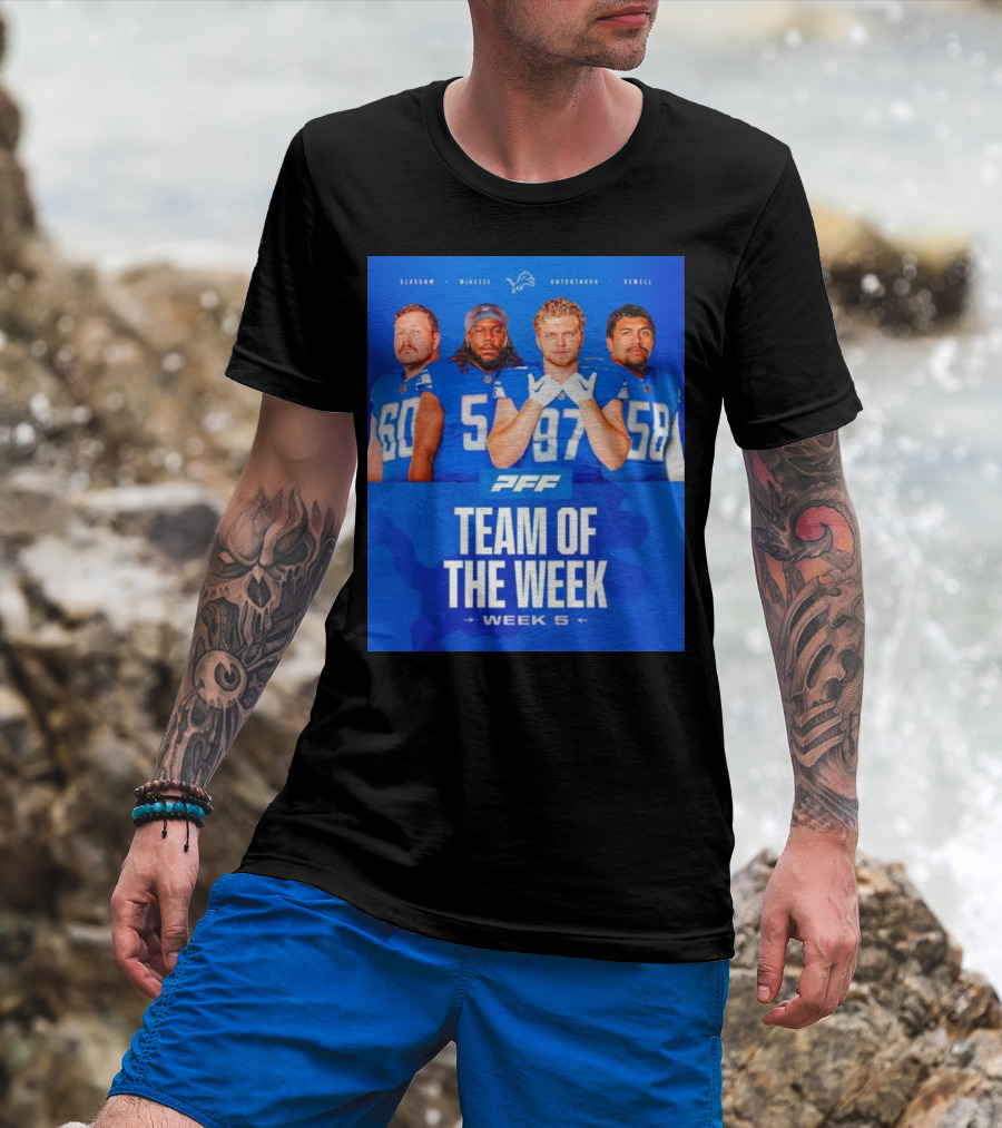 PFF Detroit Lions Glasgow McNeill Hutchinson Sewell Team Of The Week Week 5 T-Shirt