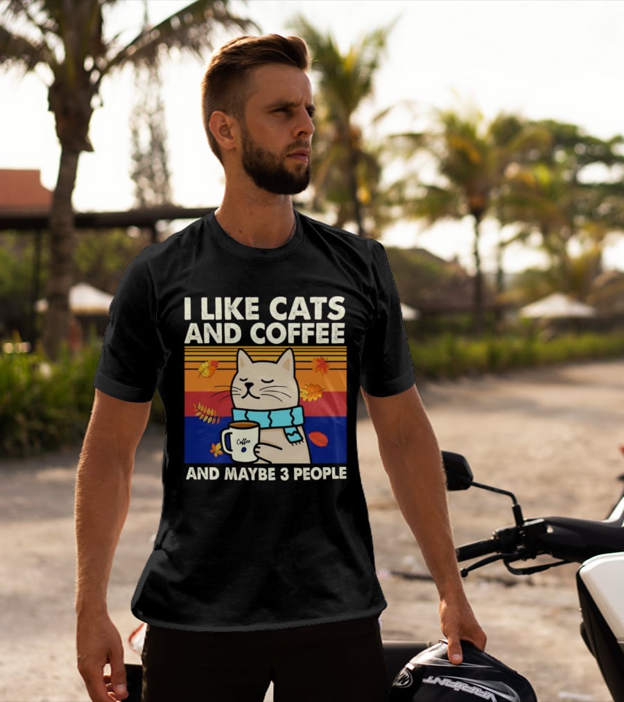 Trending I Like Cats And Coffee And Maybe 3 People Vintage Retro Autumn Cat With Coffee Mug T-Shirt