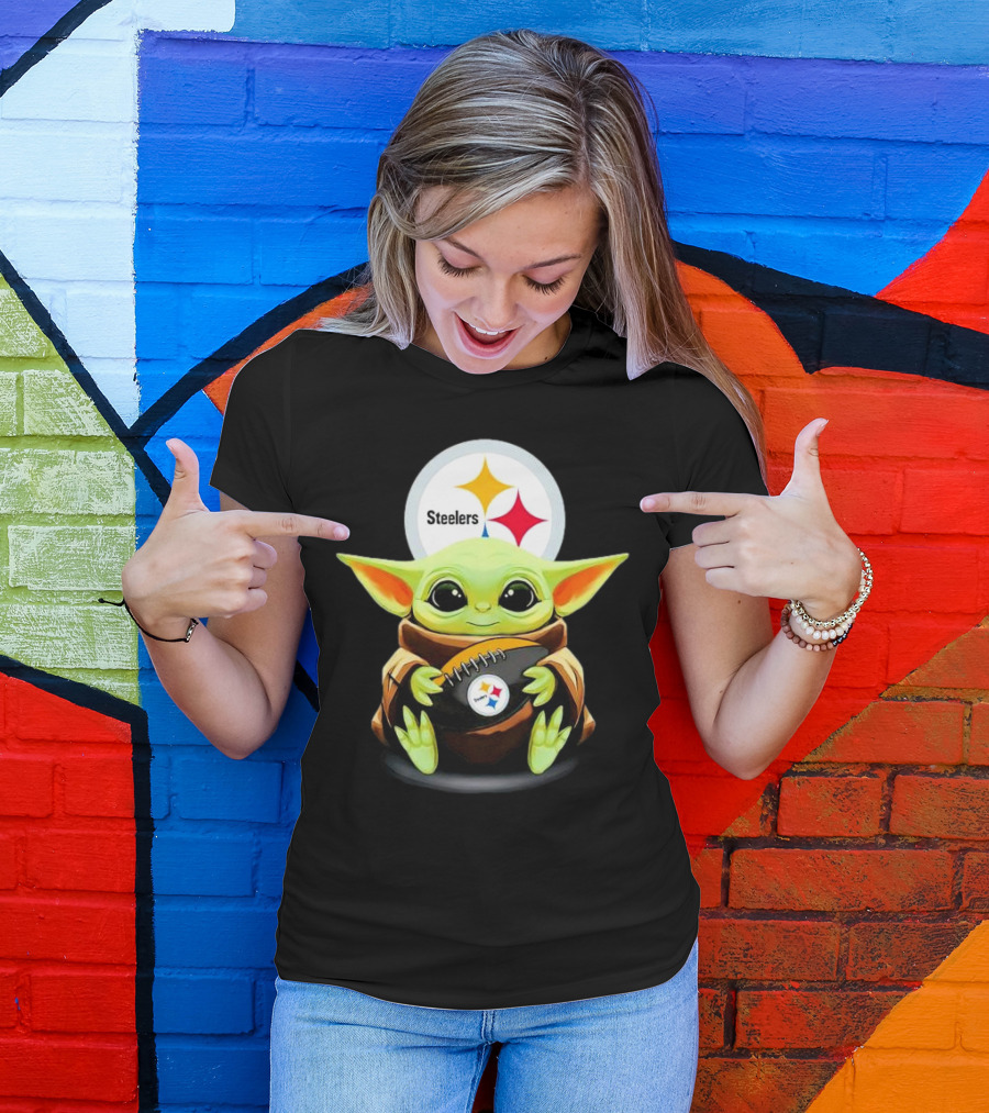 Baby Yoda Holding Pittsburgh Steelers Football T-Shirt