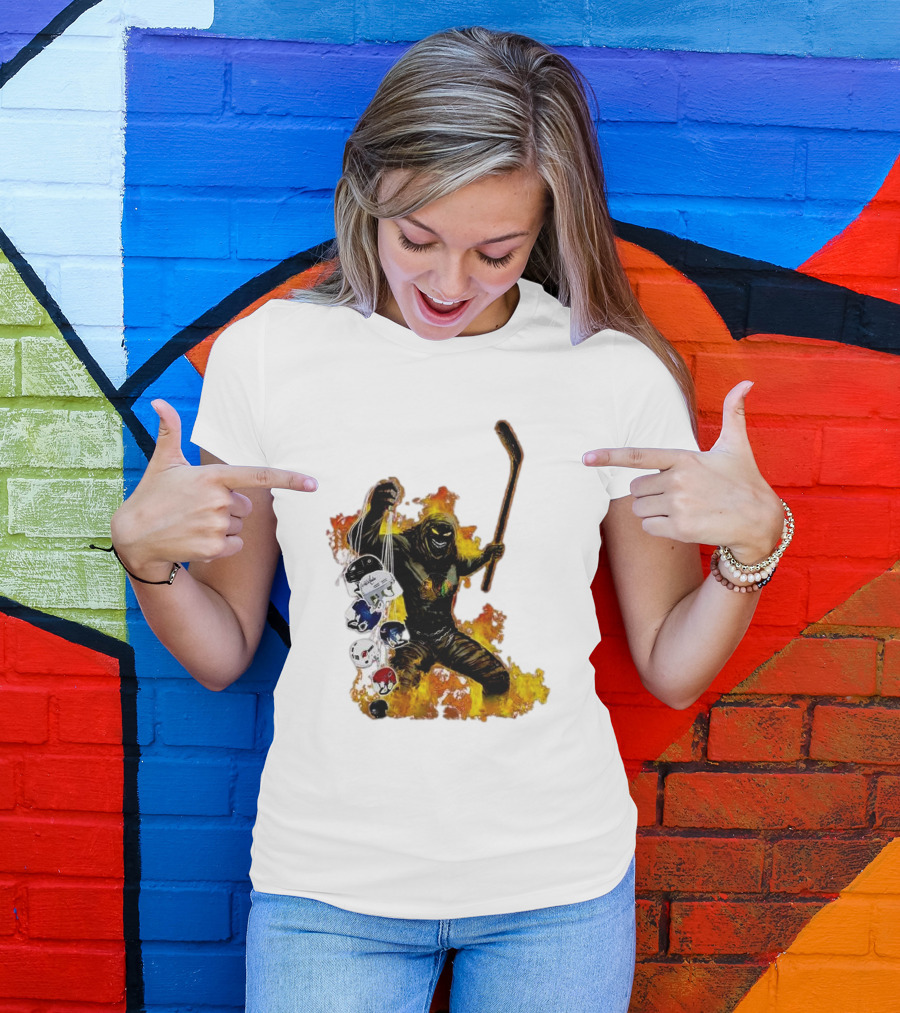 Evil Fire Hockey Player Holding Chicago Blackhawks And NHL Helmets T-Shirt