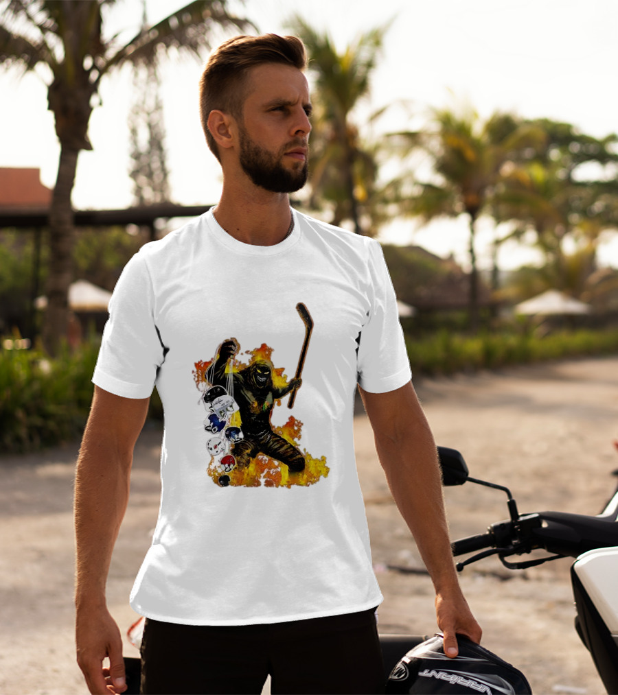 Evil Fire Hockey Player Holding Chicago Blackhawks And NHL Helmets T-Shirt