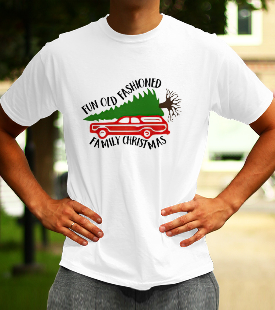 Fun Old Fashioned Family Christmas Station Wagon Tree Scene T-Shirt