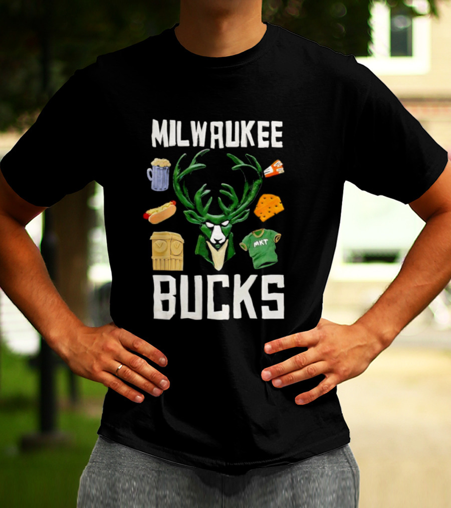 Milwaukee Bucks NBA Market Claymation Deer Cheese Hot Dog Beer T-Shirt