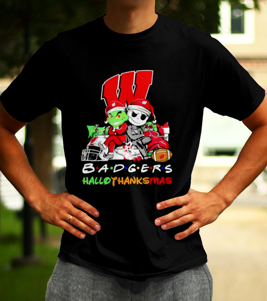 Badgers HalloThanksMas Grinch Jack Skellington Friends Football W T-Shirt