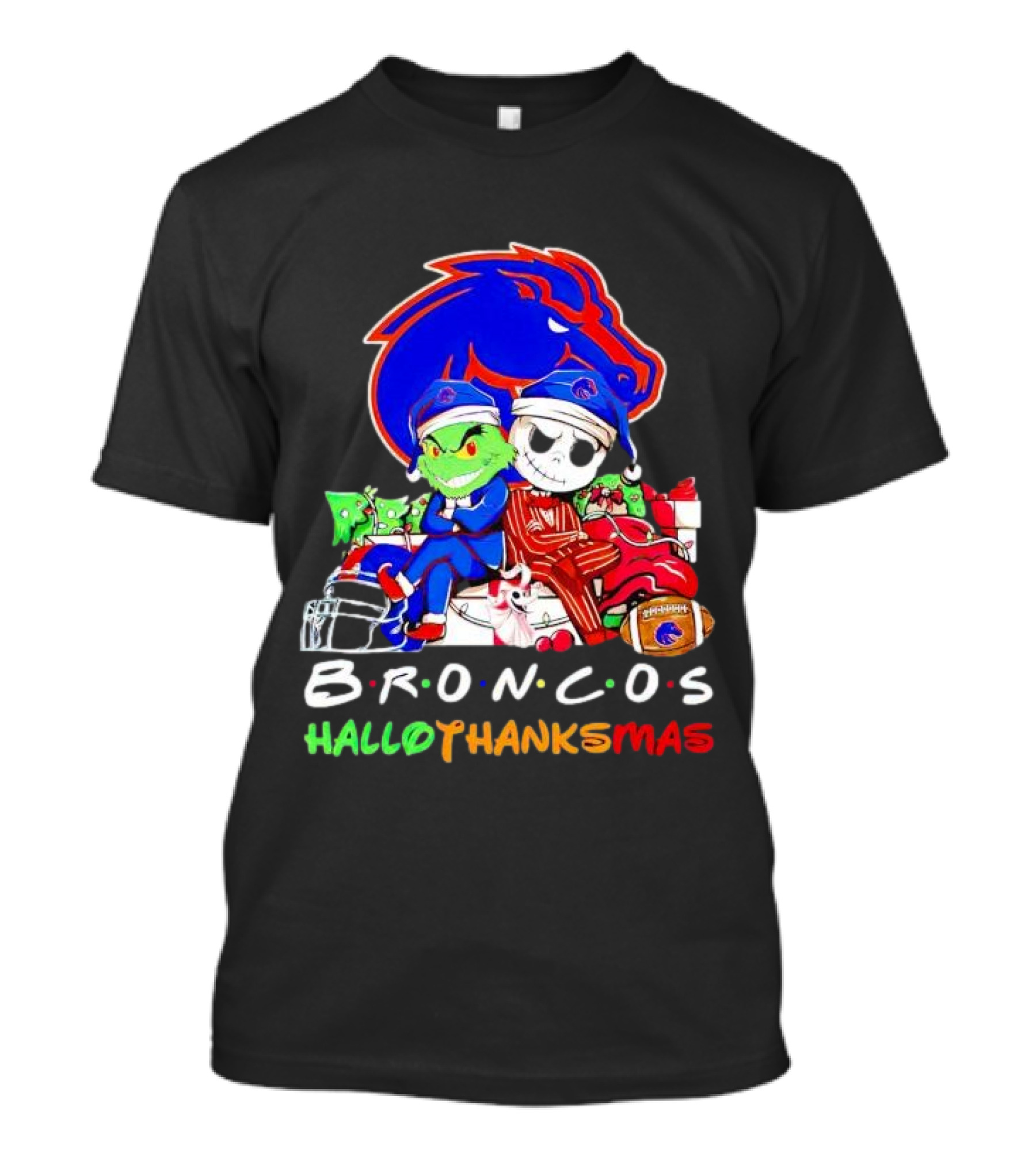 Broncos HalloThanksMas Grinch And Jack Skellington Friends T-Shirt