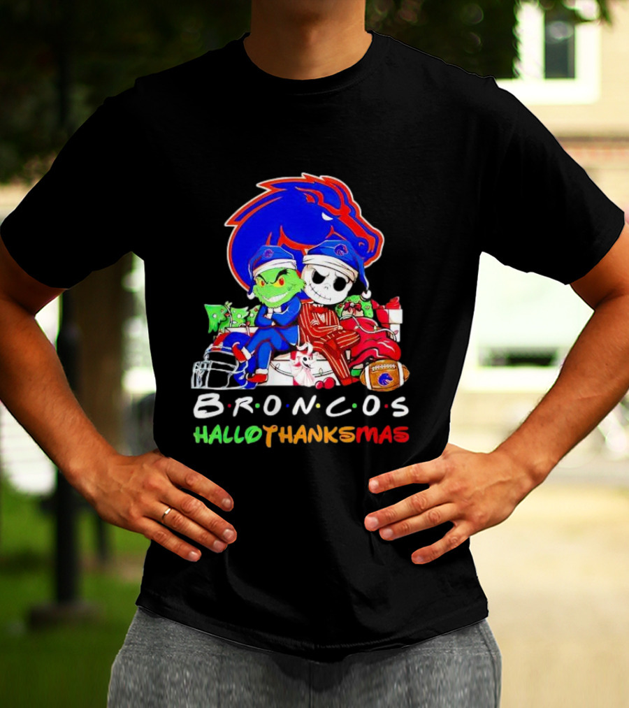 Broncos HalloThanksMas Grinch And Jack Skellington Friends T-Shirt