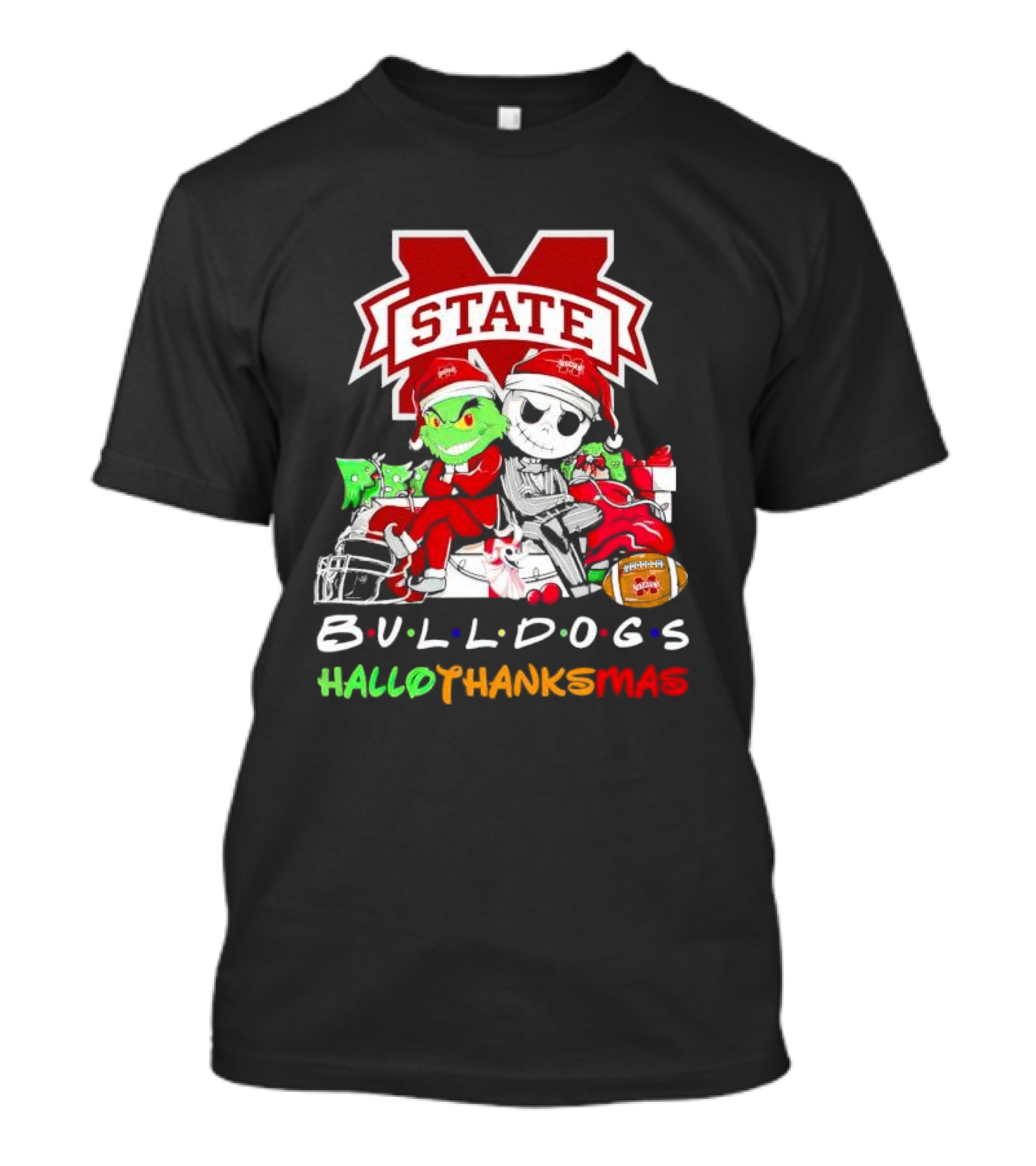 State Bulldogs Grinch And Jack Skellington HalloThanksMas T-Shirt