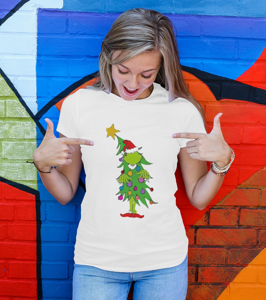Grinch Christmas Tree Costume With Star And Ornaments T-Shirt