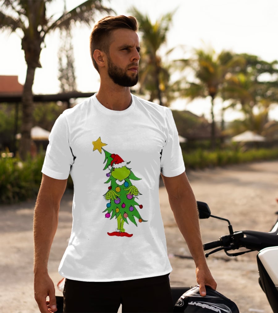 Grinch Christmas Tree Costume With Star And Ornaments T-Shirt