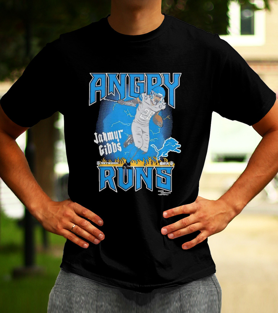 Jahmyr Gibbs Angry Runs Detroit Football Flames And Lion T-Shirt