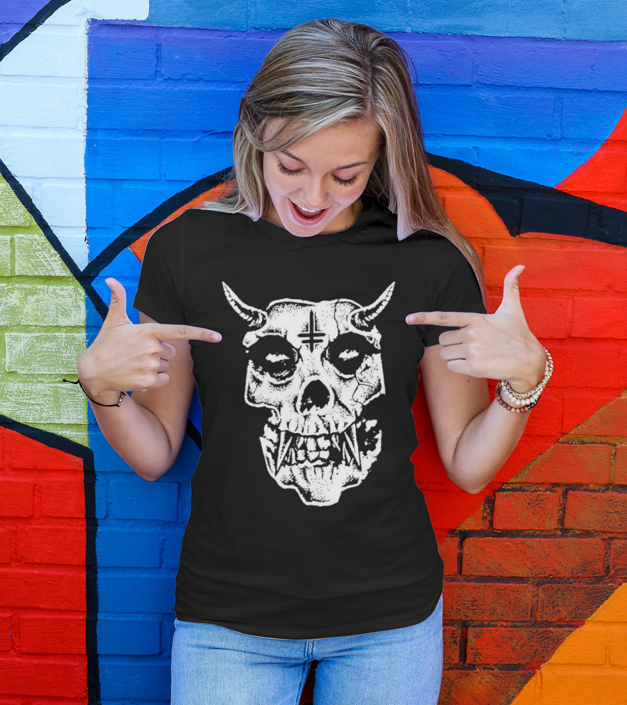 Twitching Tongues Twitchfits Sketched Skull With Horns And Inverted Cross T-Shirt