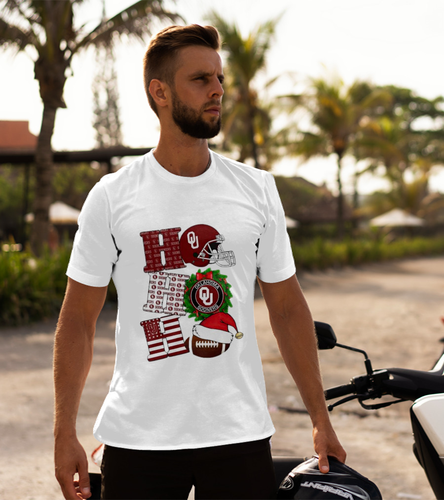 Oklahoma Sooners OU Helmet Wreath Football Santa Ho Ho Ho Christmas T-Shirt
