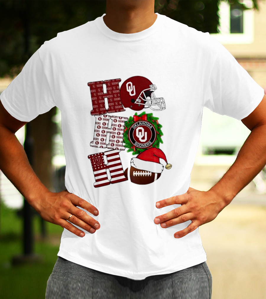 Oklahoma Sooners OU Helmet Wreath Football Santa Ho Ho Ho Christmas T-Shirt