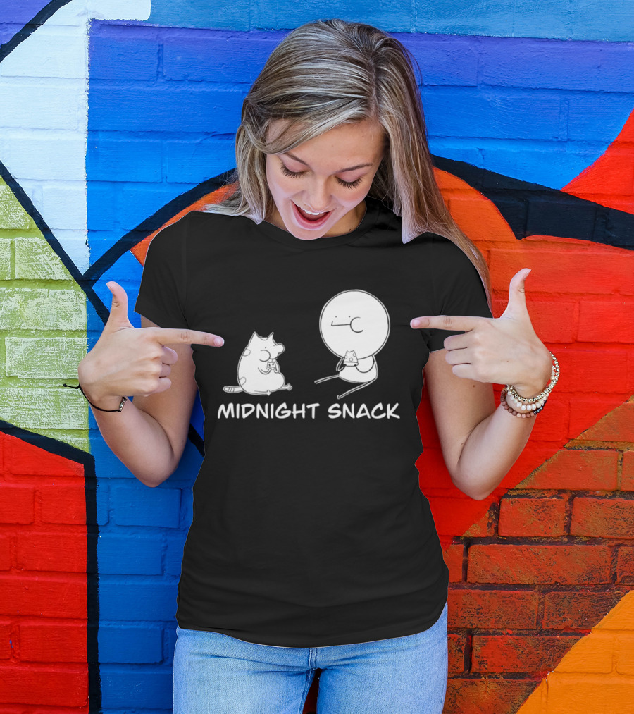 MIDNIGHT SNACK Cat And Stick Figure Eating Pizza T-Shirt