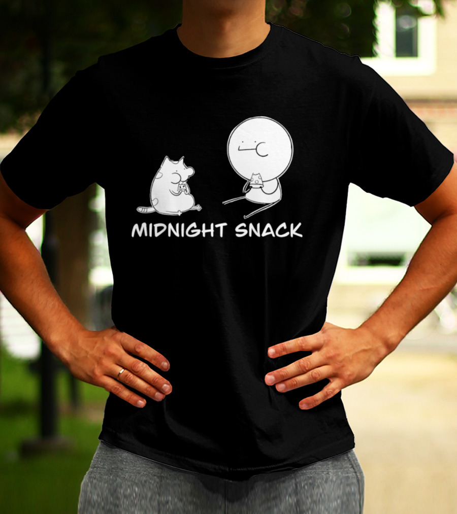 MIDNIGHT SNACK Cat And Stick Figure Eating Pizza T-Shirt