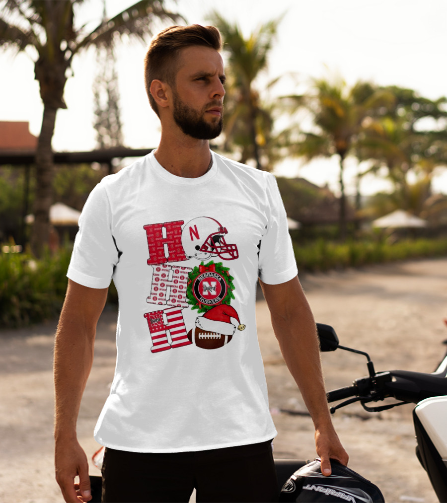 Nebraska Cornhuskers Ho Ho Ho Christmas Football Helmet Wreath Santa Hat Football T-Shirt